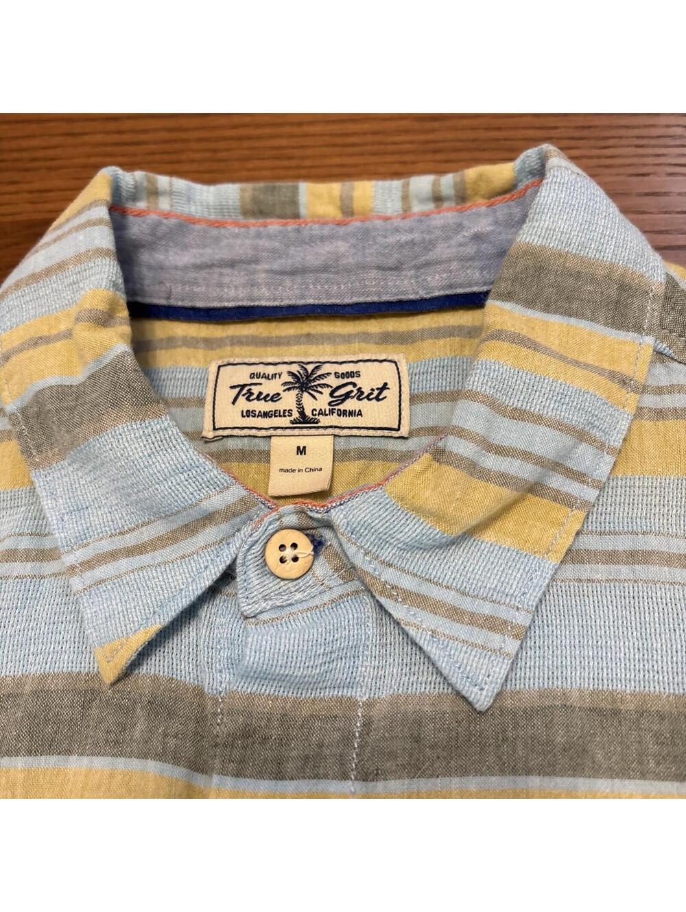 True Grit Men's Size M Short Sleeve Button Down Shirt Striped Blue Yellow Slub - Picture 6 of 9